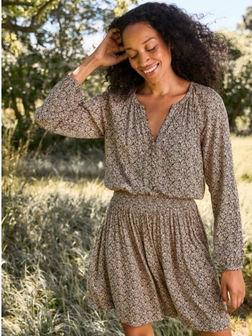 Faherty Brown Floral Smocked-Waist Mini Dress
